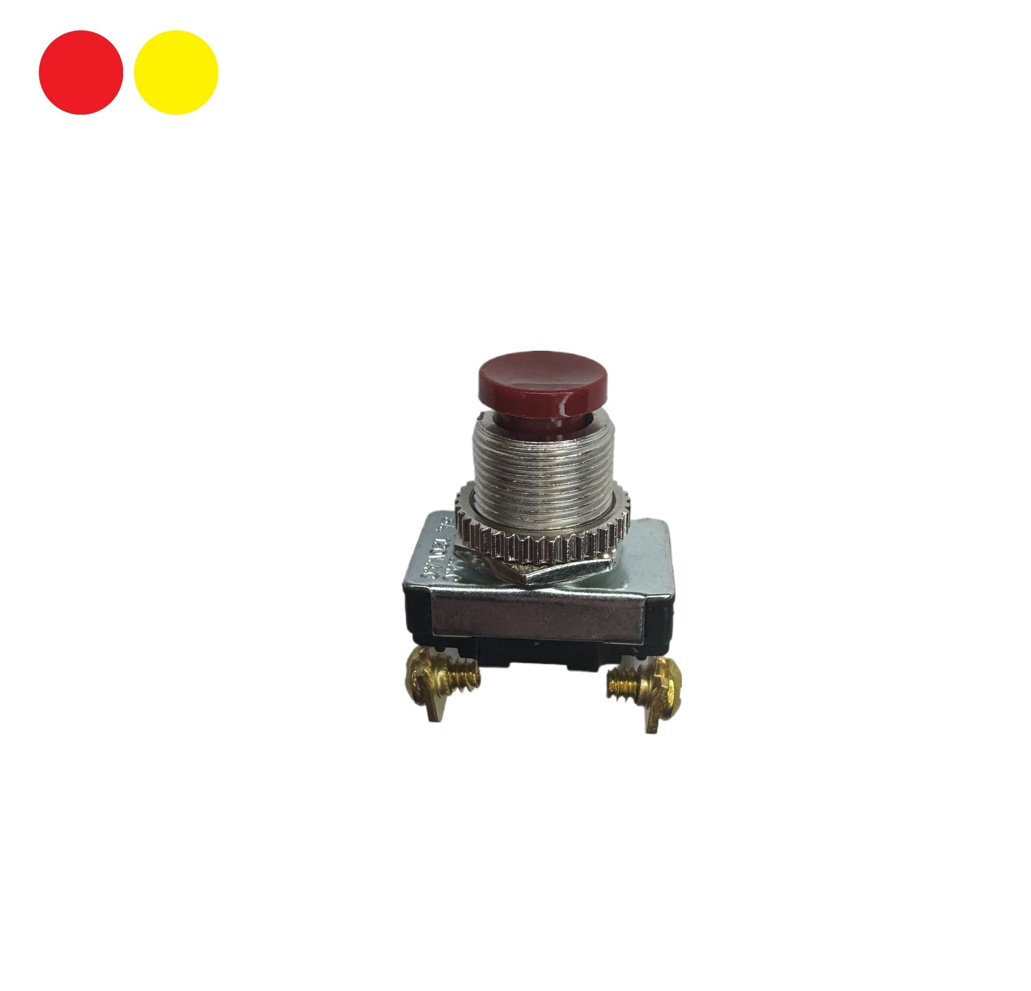Red Push Button Switch with Metal Mounting and Exposed Screw Terminals - Durable and Compact Design Ideal for Industrial, Automotive, and Custom Electronics Applications. High-Quality, Easy-to-Install Momentary Switch for Reliable Circuit Control